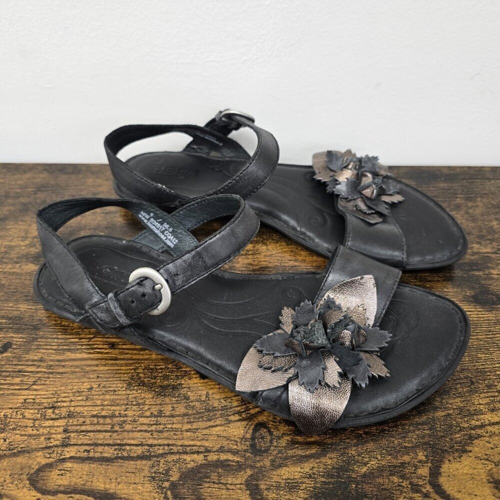Born Yuki Sandals Shoes Womens Sz 6 Black Leather Pewter Metallic Flower Buckle